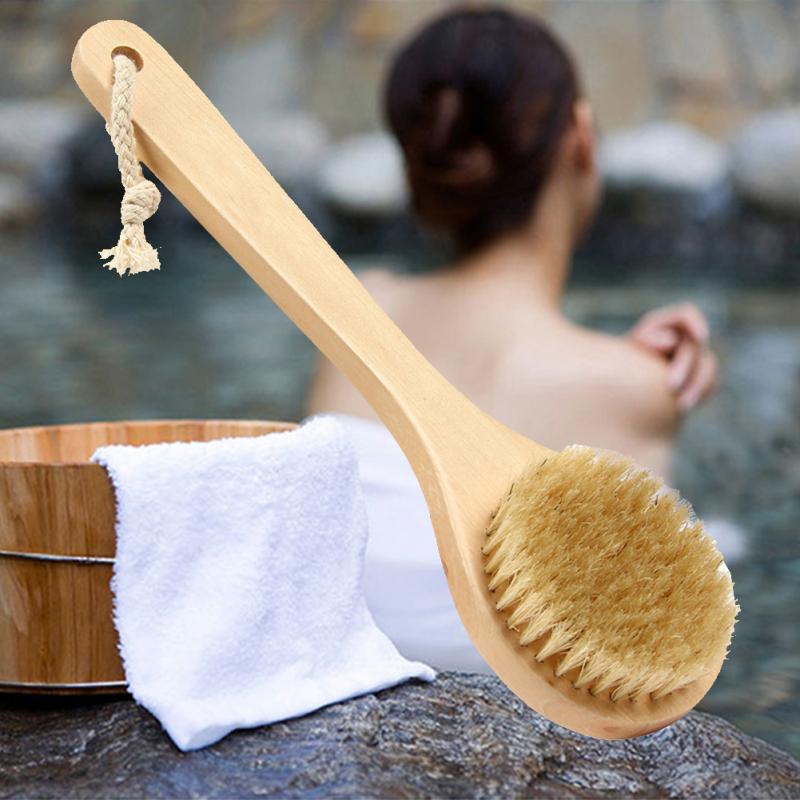 Natural Bristle Middle Long Handle Wooden Scrub Skin Massage Shower Body Bath Brush Round Head Bath Brushes Bathroom Accessories