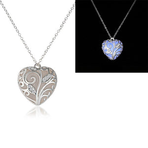 New Glow In The Dark necklace Chocker Hollow Heart Locket Glowing Stone Pendant Stainless Steel Chain Necklace For Women