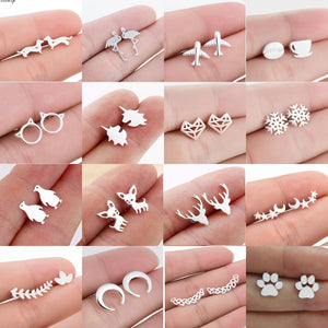 Jisensp Variety of Stylish Mini Cat Deer Animal Stud Earrings for Women Geometric Earrings Minimalist Jewelry Accessories brinco